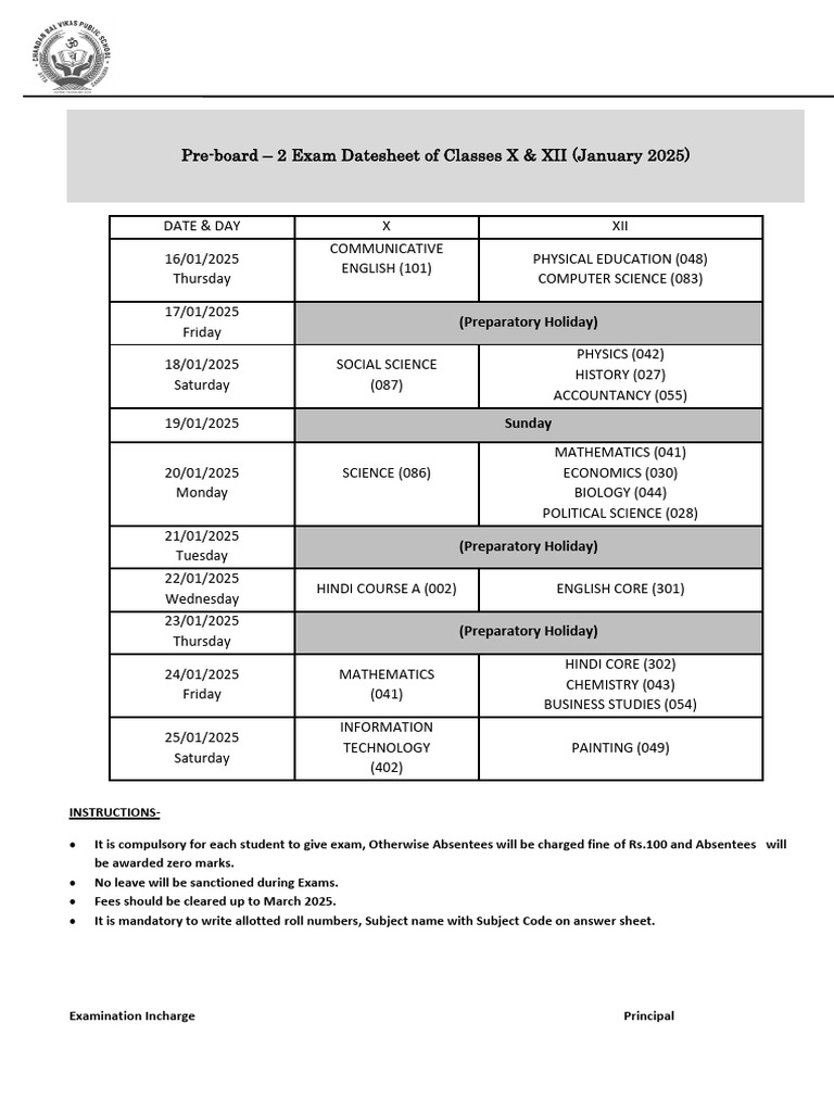 Preboard Exam 2 Date Sheet 20251 PDF