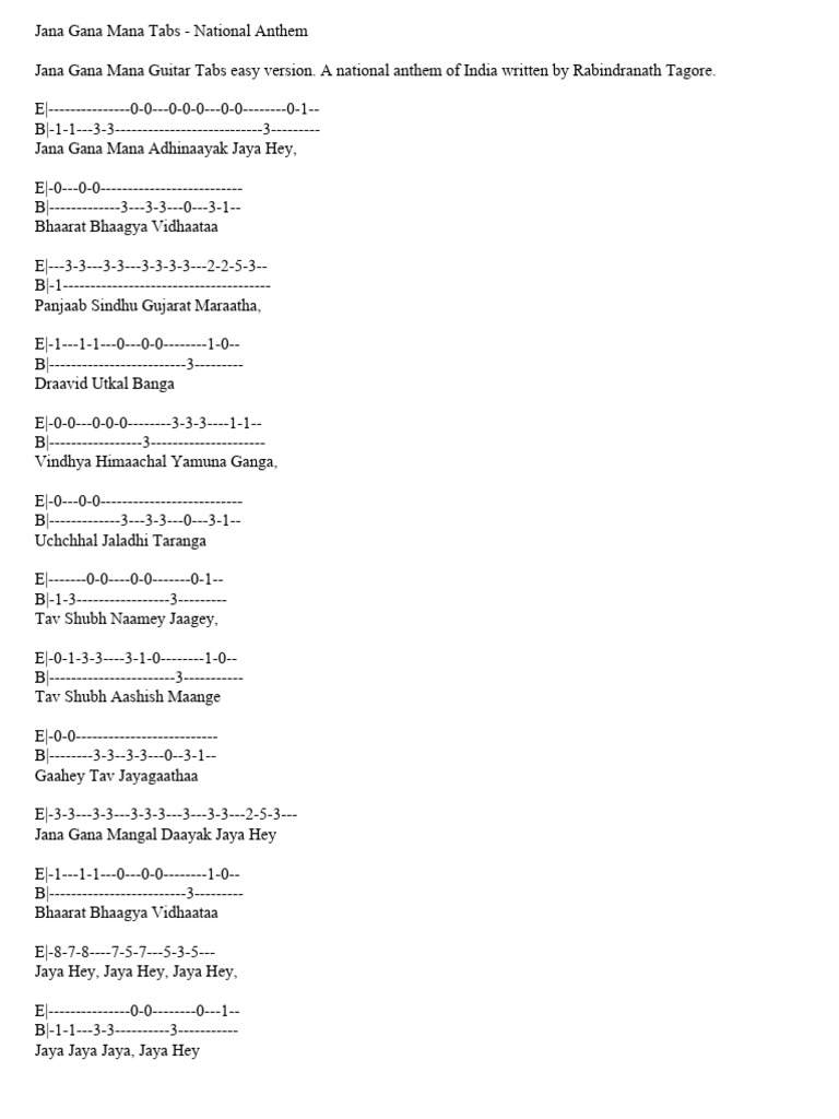 Jana Gana Mana Guitar Tabs Guide | PDF