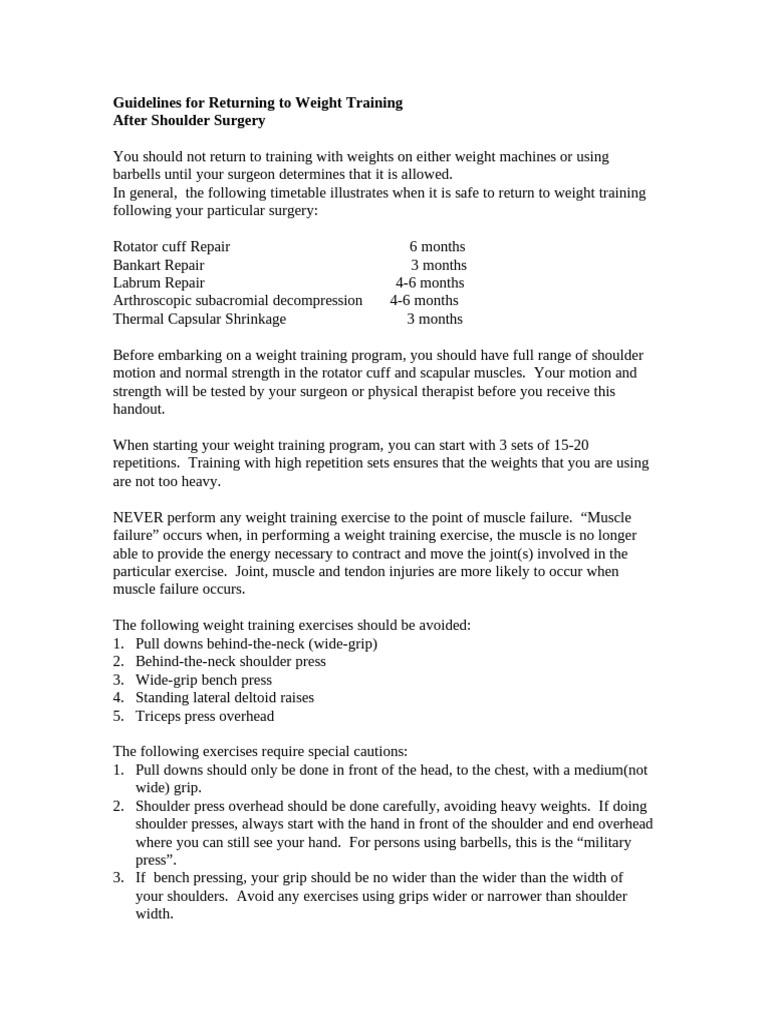 Post-Shoulder Surgery Weight Training Guide | PDF | Joints | Limbs ...