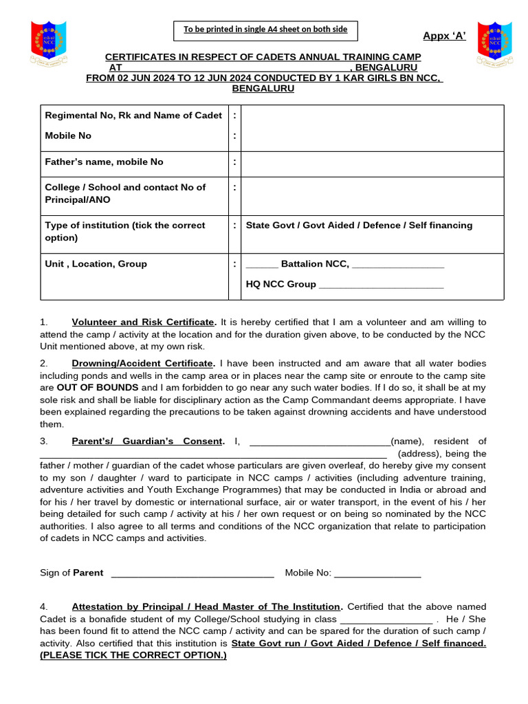 NCC CATC Camp Form 2024 Guidelines | PDF | Identity Document