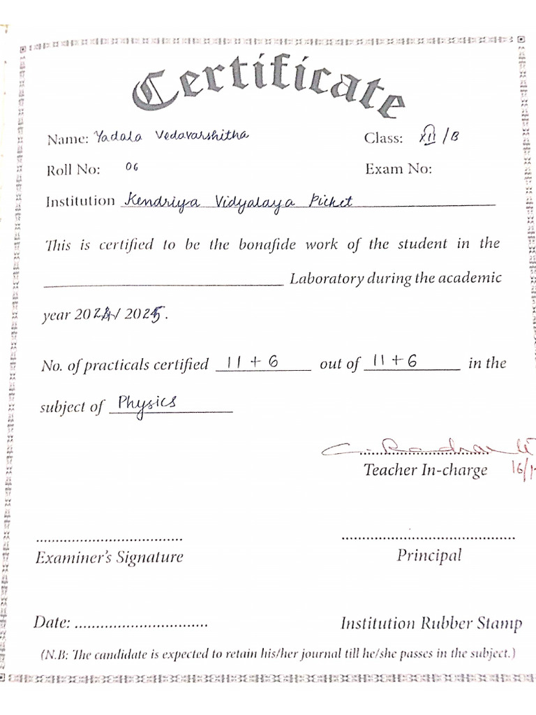 Physics Practical Record by Veda 12 B 2024-25 | PDF