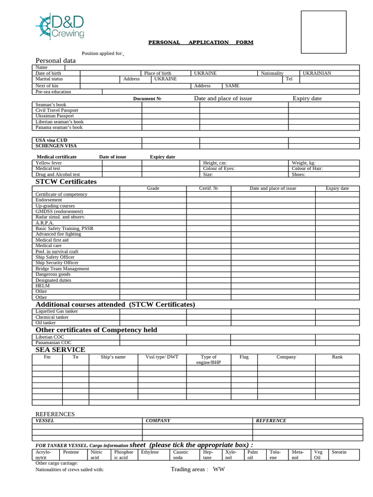 Personal Application Form for Seafarers | PDF | Shipping | Ships