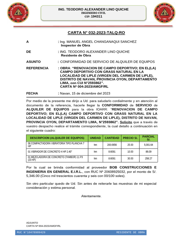 Conformidad Alquiler Equipos Obra Liple | PDF