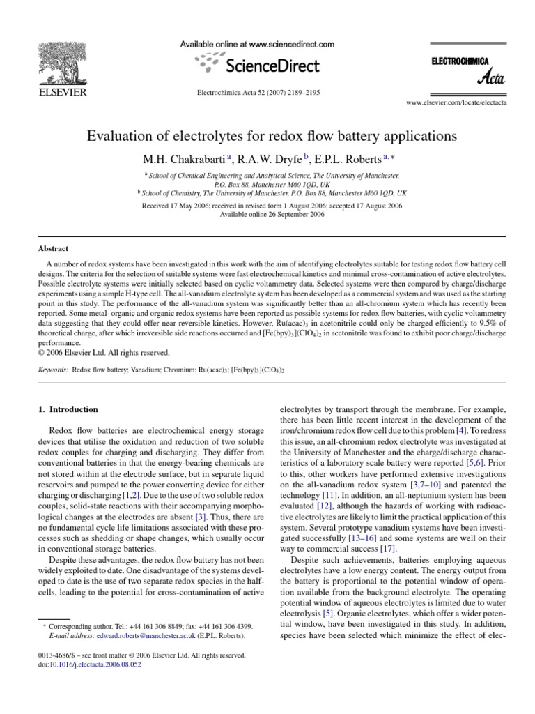 Evaluating Electrolytes for Redox Flow Batteries | PDF ...