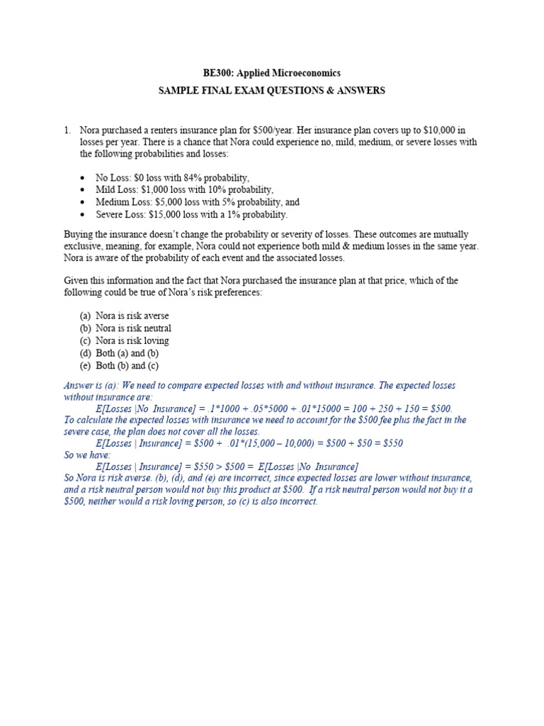 3A Sample Exam Questions ANSWERS - Module 3 | PDF | Adverse Selection ...