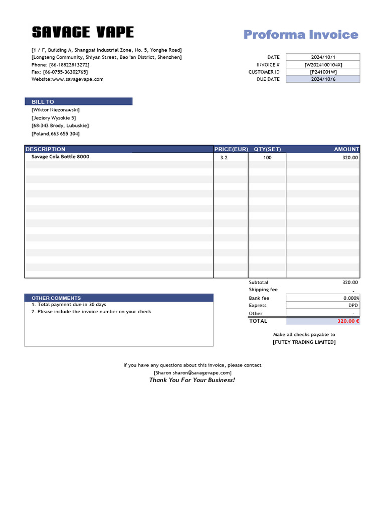 Proforma Invoice for Vape Products | PDF | Invoice | Money