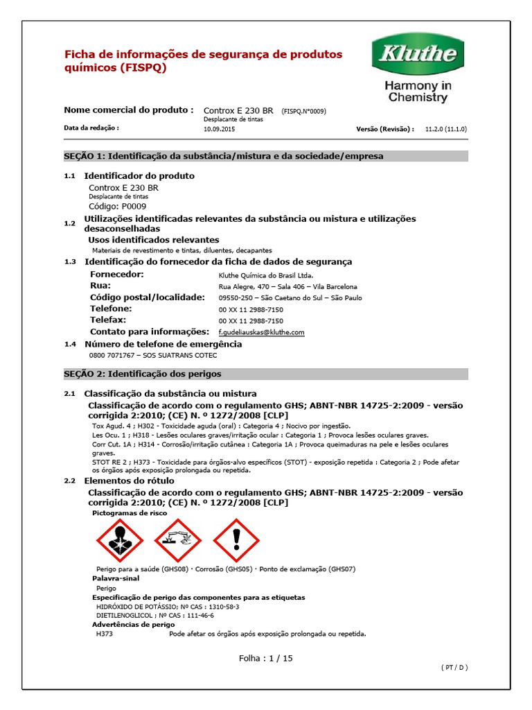 FISPQ Controx E 230 BR: Desplacante de Tintas | PDF | Química | Vapor