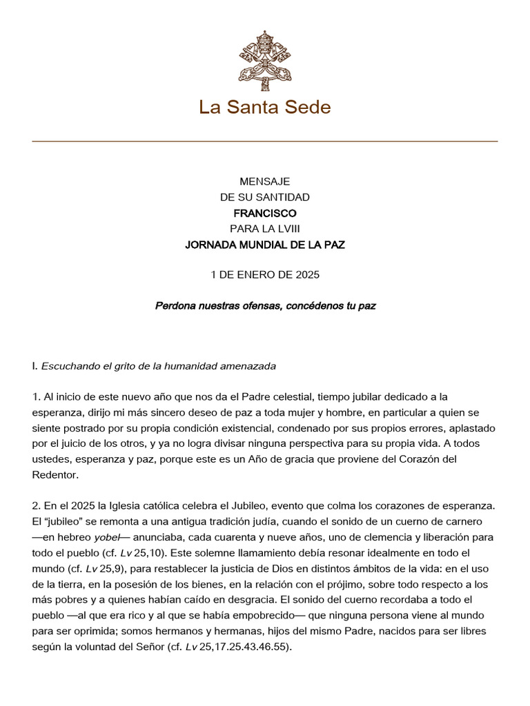 Mensaje Del Papa Francisco 01 de Enero 2025 | PDF | Deuda | orador del ...