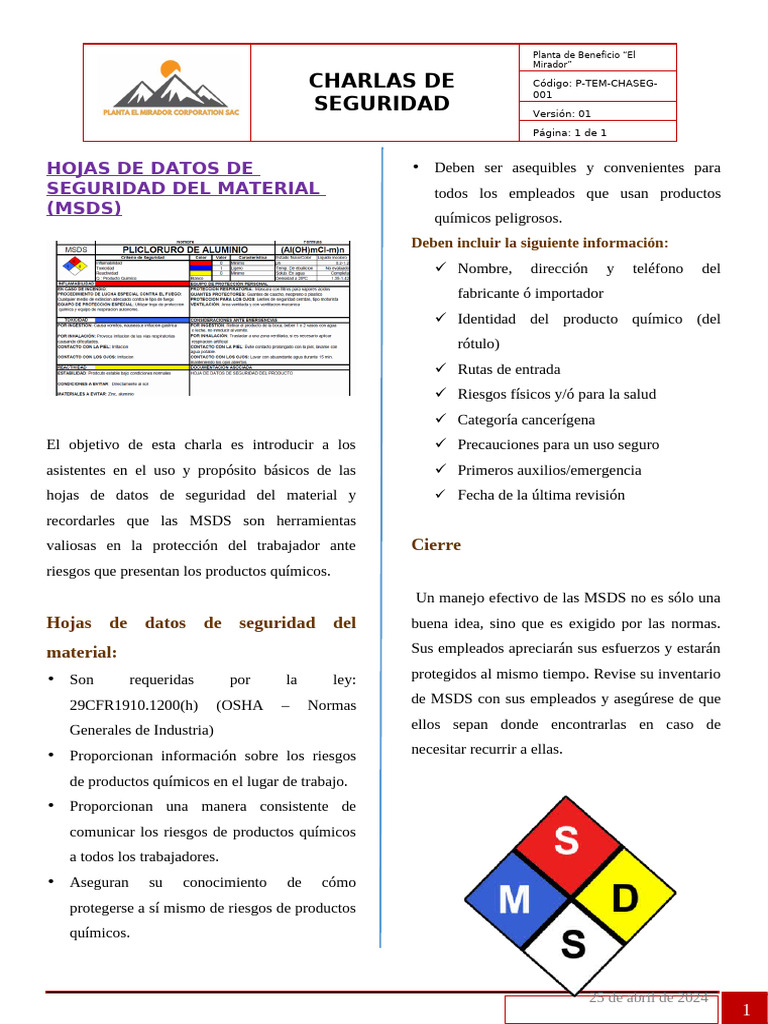 Charla sobre Hojas de Seguridad MSDS | PDF