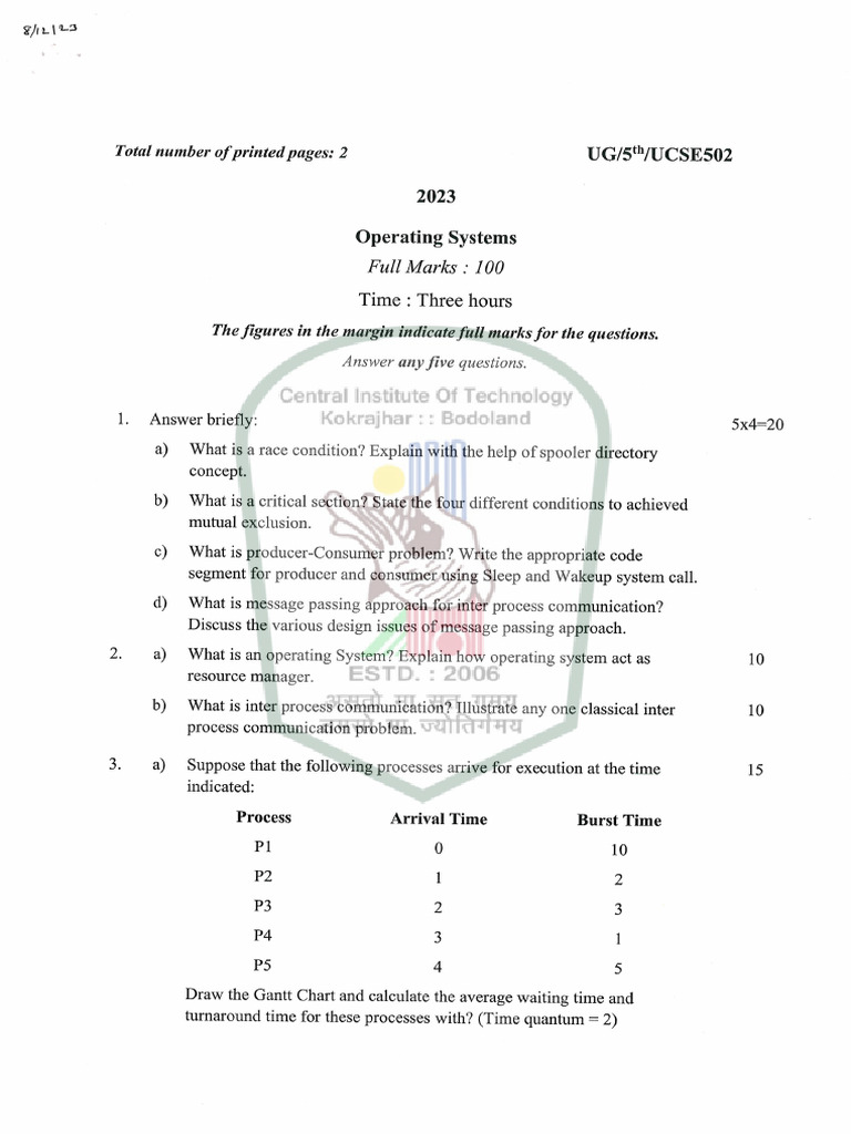 UCSE502 2023 Odd Regular BTech CSE 5 | PDF | Scheduling (Computing ...