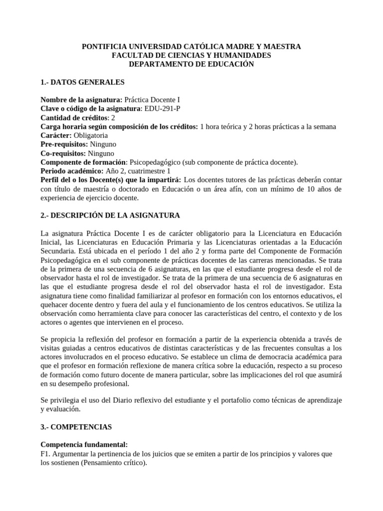 EDU-291-P Práctica Docente I | PDF | Maestros | Evaluación