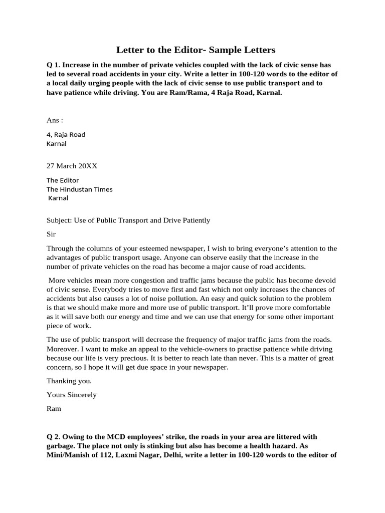 Letter To The Editor Samples | PDF | Transport