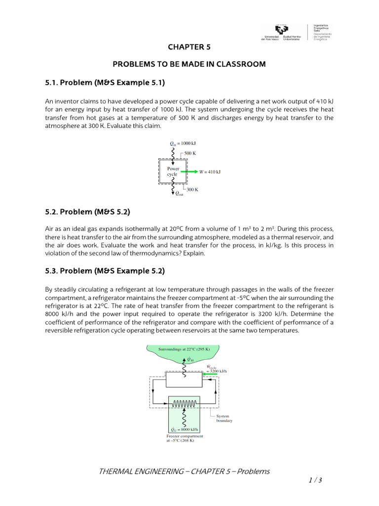 Thermal Engineering Classroom Problems | PDF | Heat | Refrigerator
