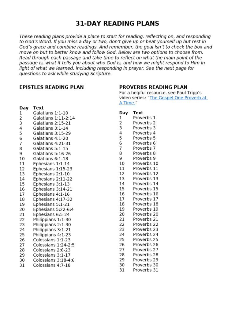 31-Day Bible Reading Plans Guide | PDF | Epistle To The Colossians ...