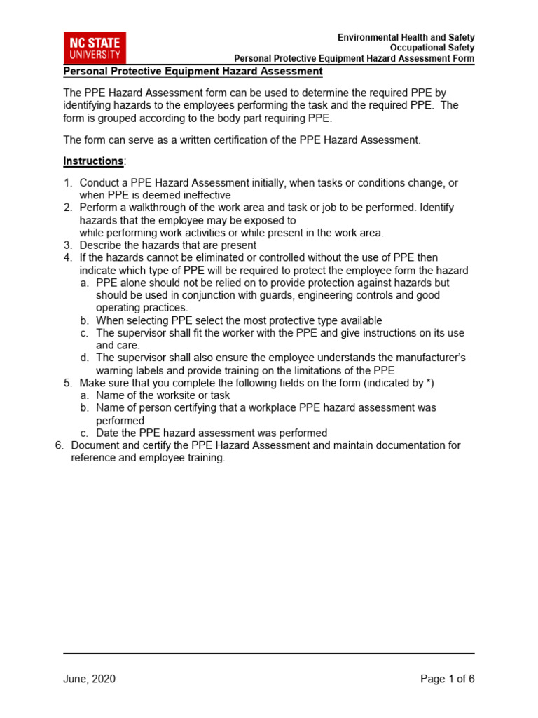 PPE Hazard Assessment Form Guide | PDF | Personal Protective Equipment ...