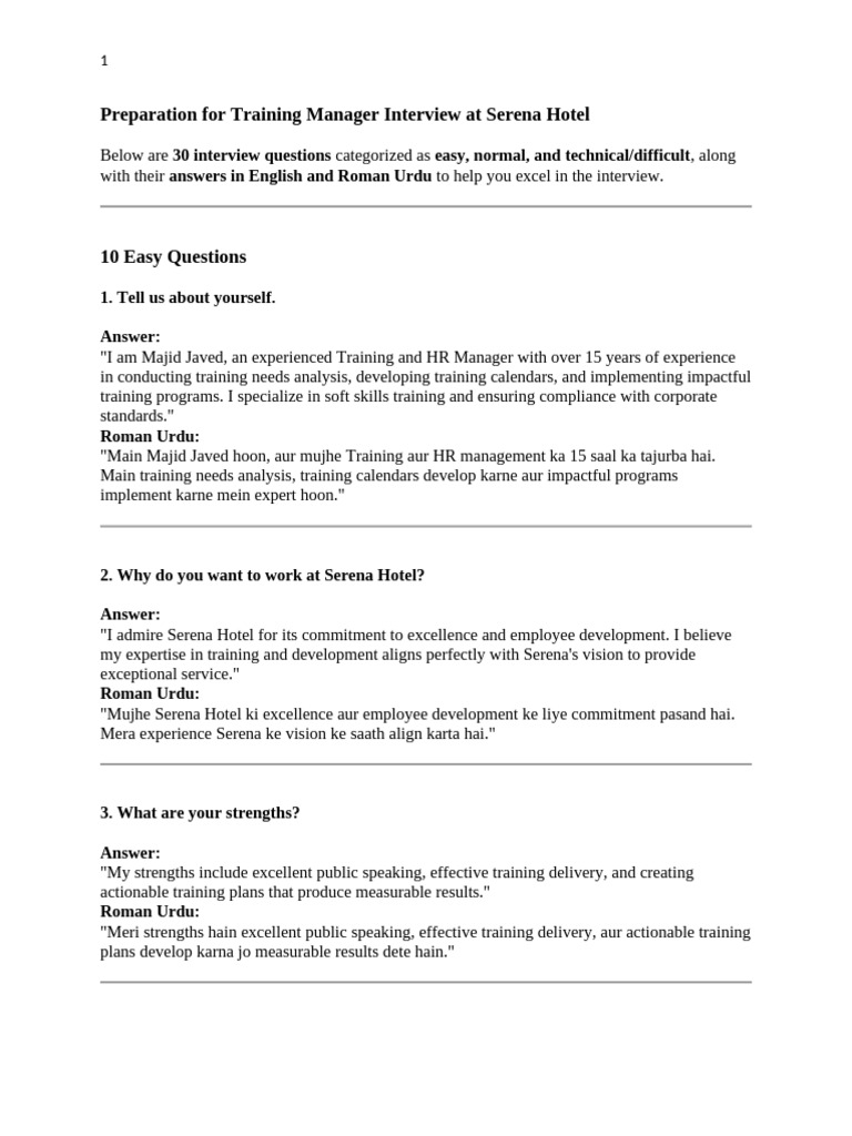 Preparation For Training Manager Interview at Serena Hotel | PDF | Goal ...