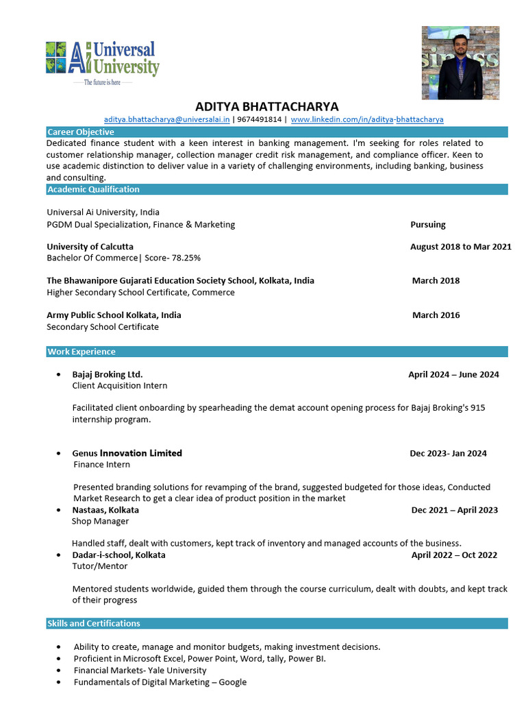Finance Career Profile: Aditya Bhattacharya | PDF | Business | Economies, image size:768x1024
