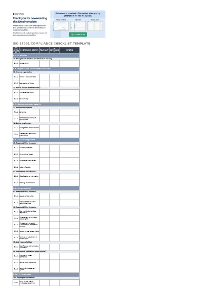 ISO 27001 Compliance Checklist Template | PDF | Information Security ...