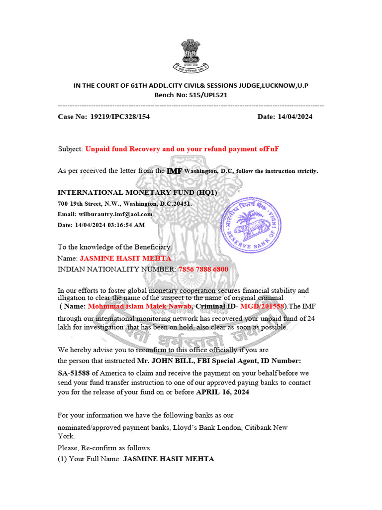 Fund Recovery Notice for Jasmine Mehta | PDF | Public Law | Justice