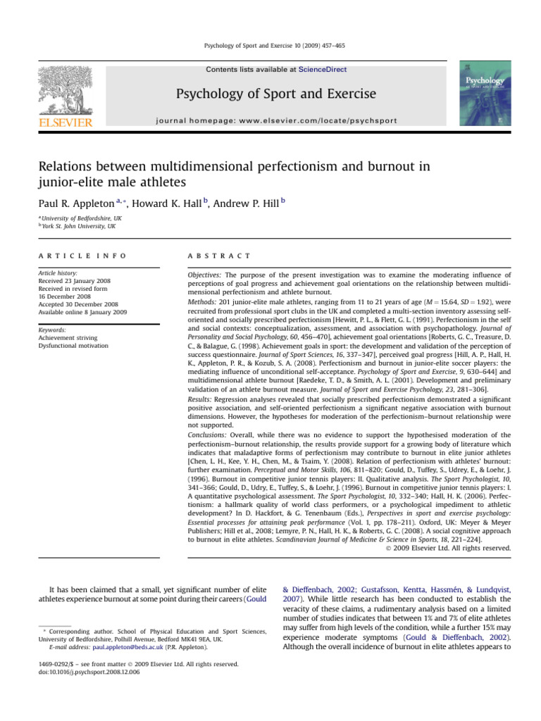 2009 - Perfectionism and Burnout in Junior Elite | PDF | Perfectionism ...