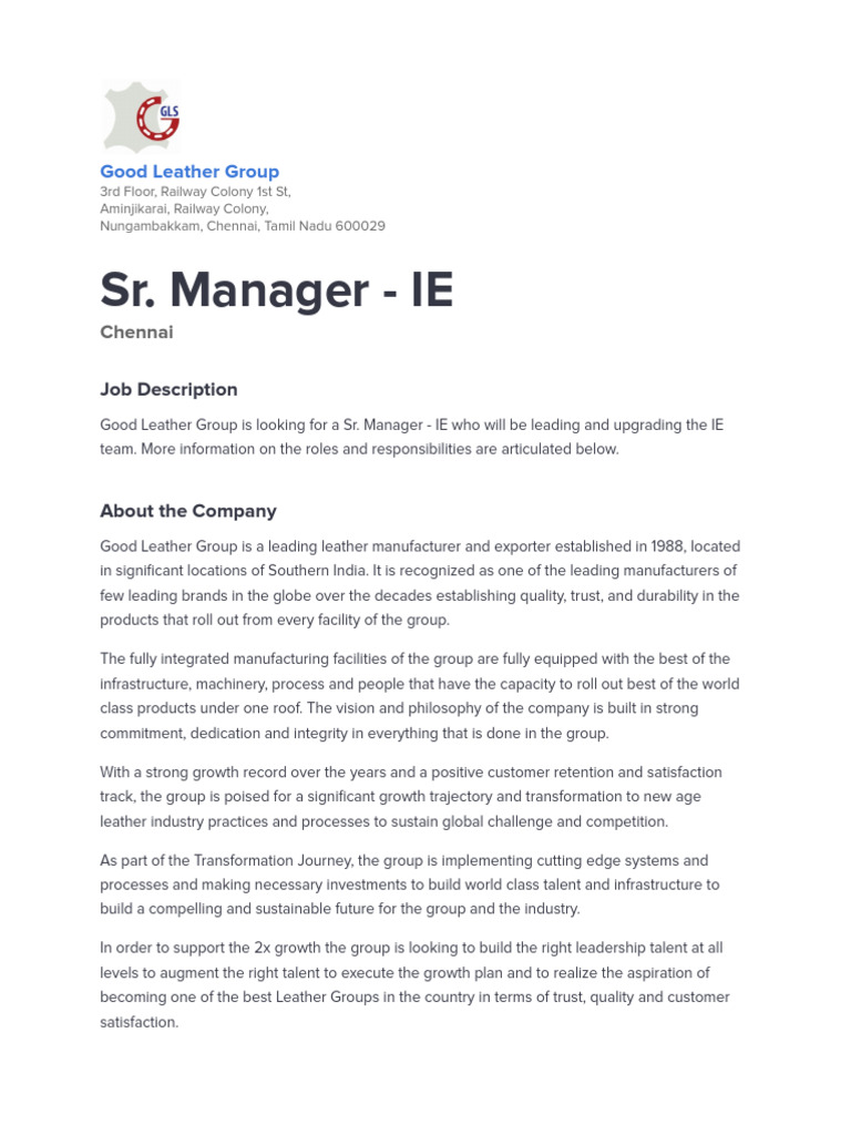 Sr. Manager - IE Job at Good Leather Group | PDF | Performance ...