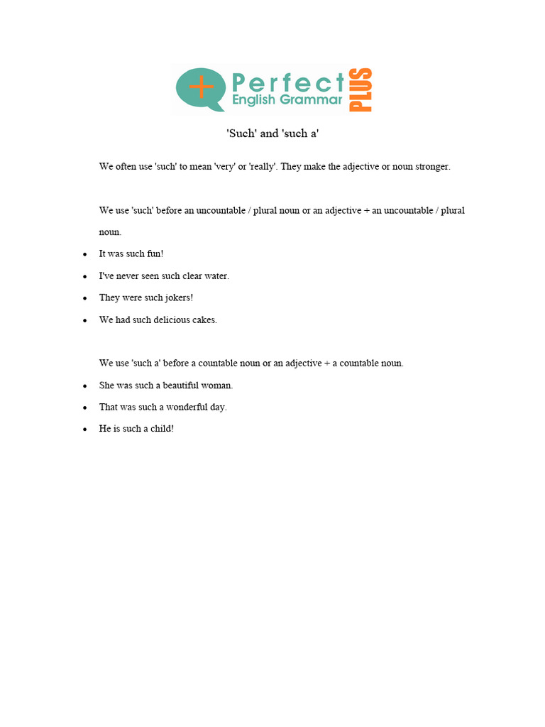 'Such' and 'Such A' Lesson | PDF