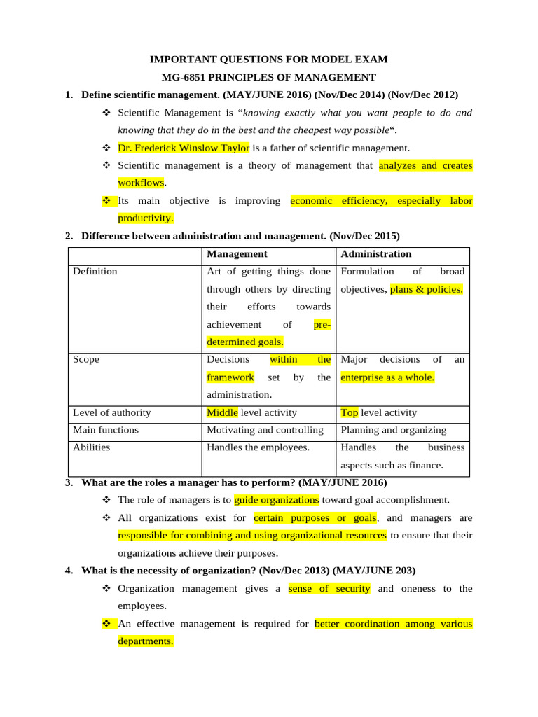 Model Exam Questions for Management Principles | PDF | Cost Of Living ...