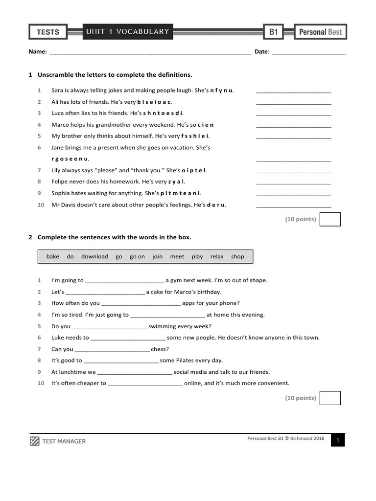 Personal Best B1 AmE Unit 1 Vocabulary Test | PDF