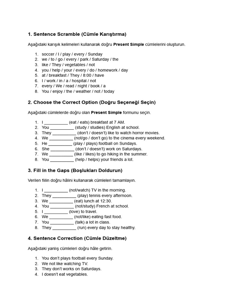 Present Simple Grammar Exercises | PDF | Workweek And Weekend