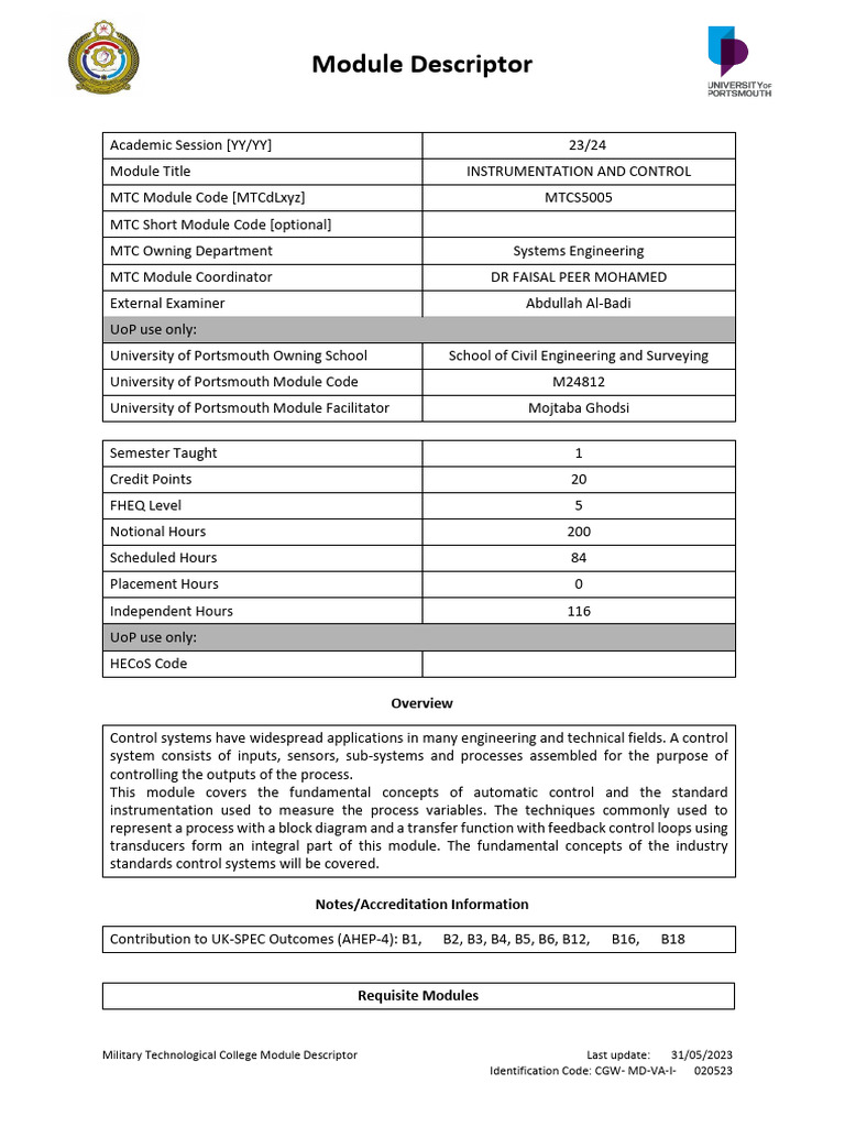 Control Systems and Instrumentation Module | PDF | Control Theory ...
