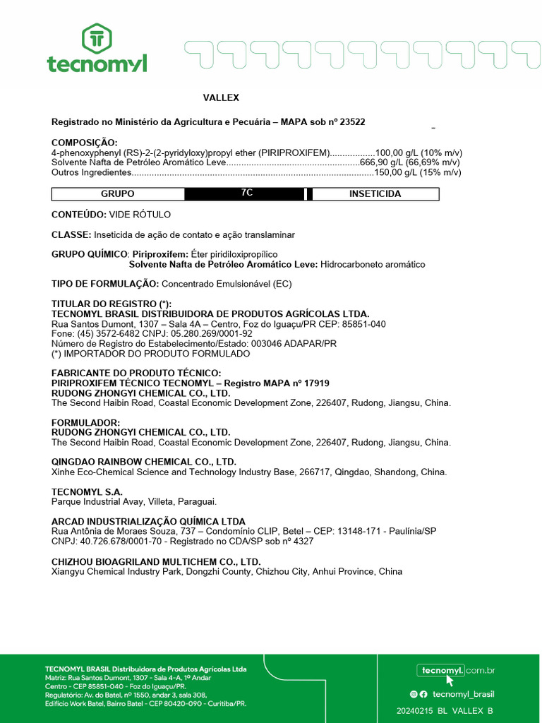 Bula do Inseticida Vallex | PDF | Nuvem | Ferimento