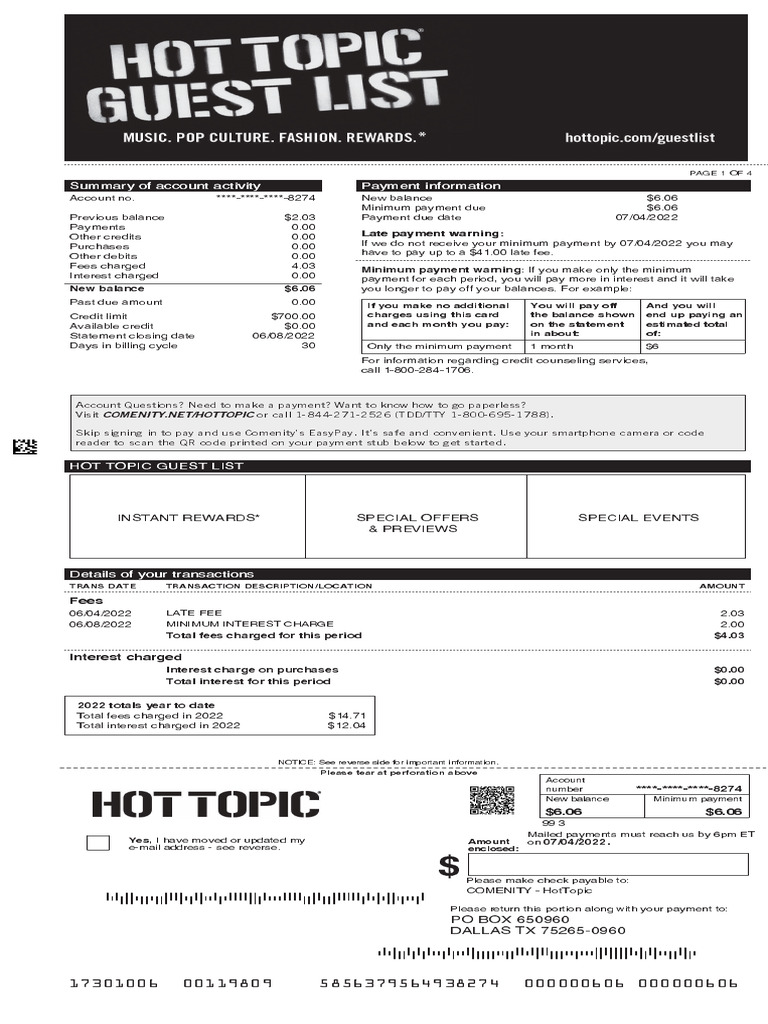 Hot Topic Credit Card Statement Summary | PDF | Credit Card | Cheque