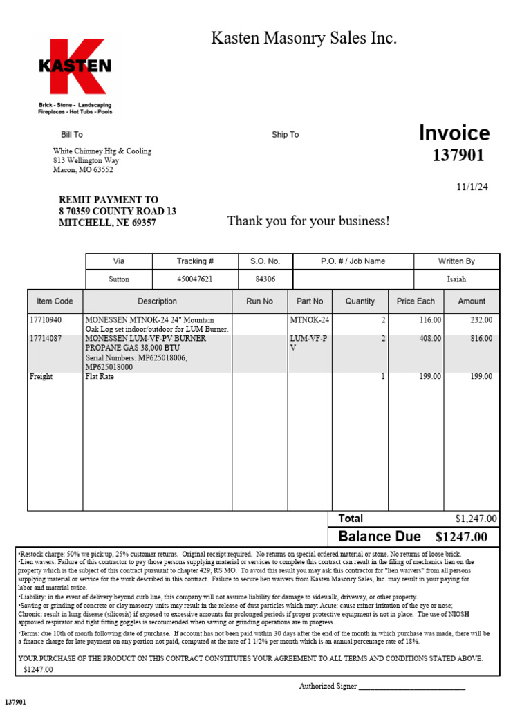 Inv 137901 From Kasten Masonry Sales Inc. 12856 | PDF