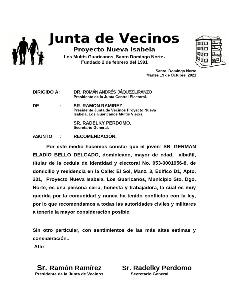 Recomendación de la Junta de Vecinos | PDF