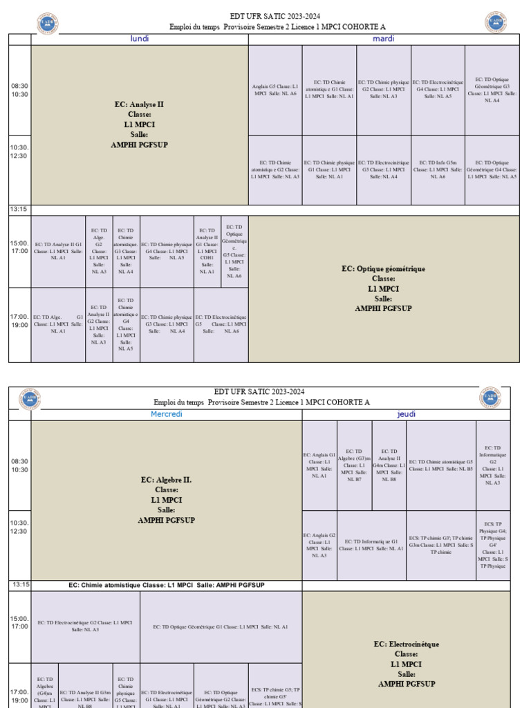 Emploi du Temps L1 MPCI Semestre 2 | PDF | Sciences physiques