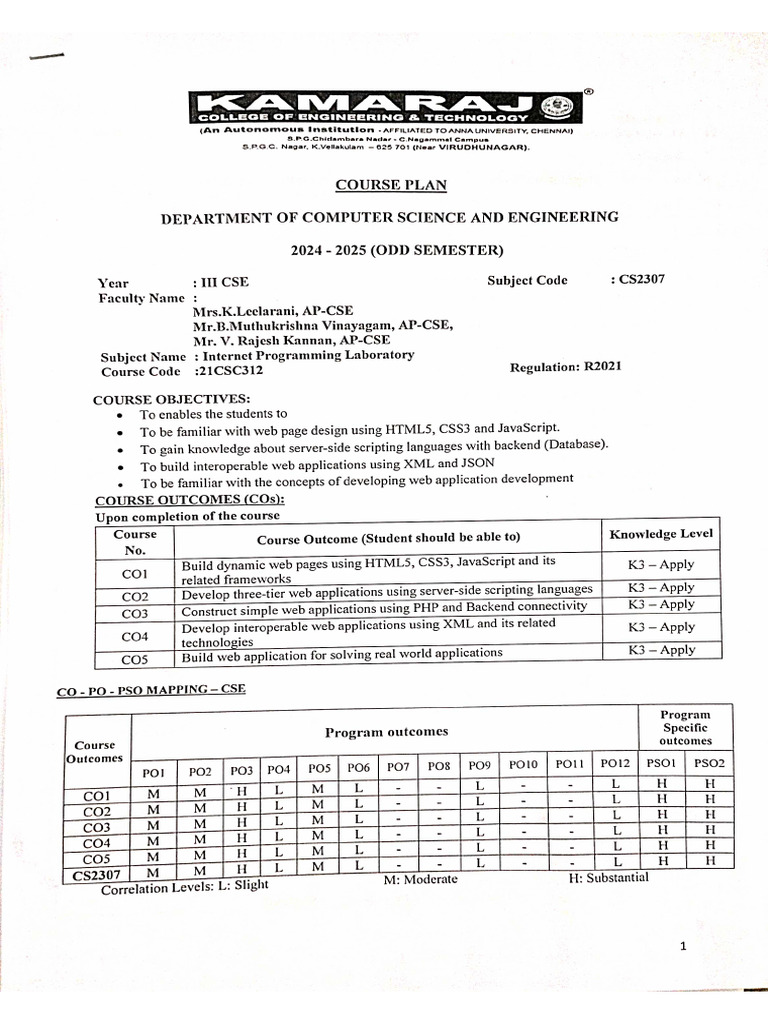 CS2307 IP LAB Course Plan | PDF
