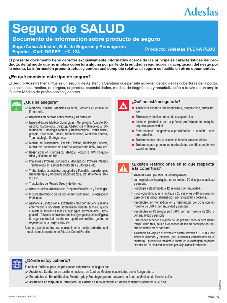 Coberturas del Seguro Adeslas Plena Plus | PDF | Seguro | Hospital