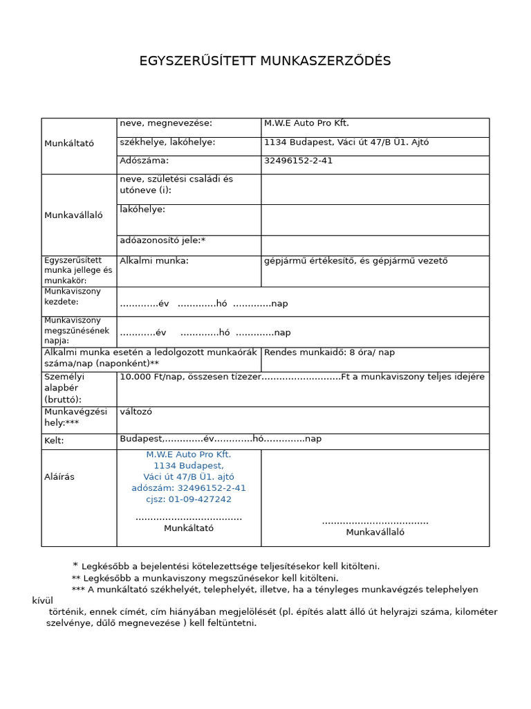 Egyszerűsített Munkaszerződés | PDF
