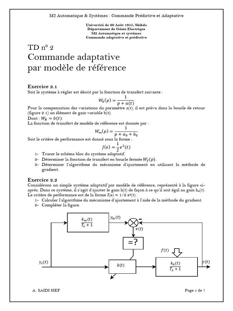 Commande Adaptative par Modèle de Référence | PDF | Régulation ...