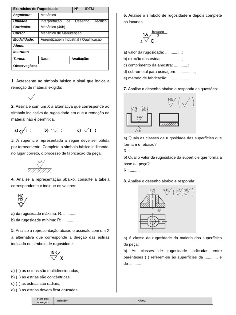 Exercícios sobre Símbolos de Rugosidade | PDF