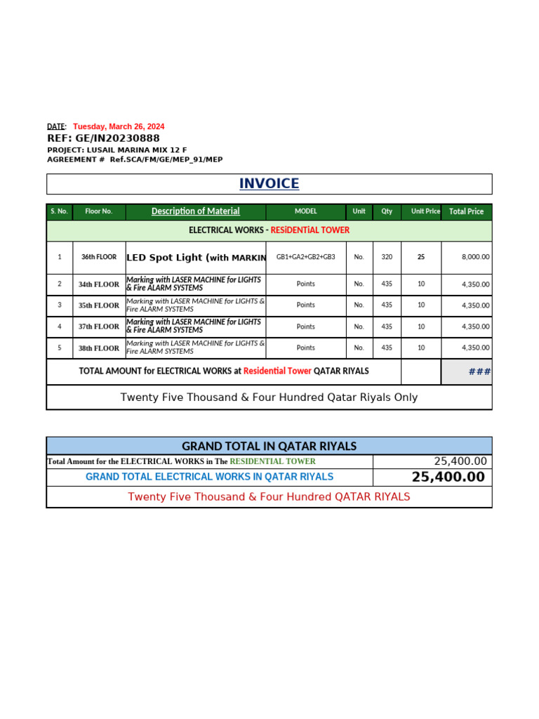 Invoice Electrical - 25 March | PDF | Ceiling | Light