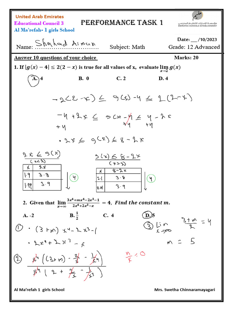 Term1 - Performance Task 1 (Limits & Continuity) | PDF | Mathematics
