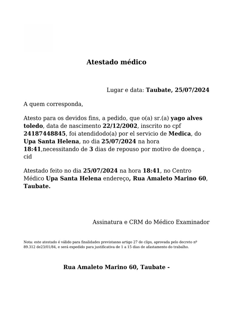 Atestado Médico de 3 Dias - UPA Taubaté | PDF