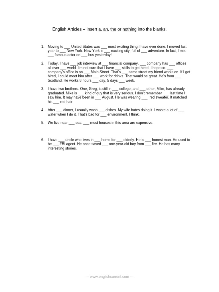 Articles Worksheet Pdf