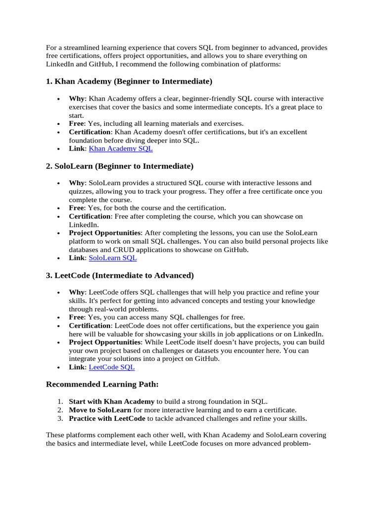 Free SQL Learning Pathways | PDF | Sql