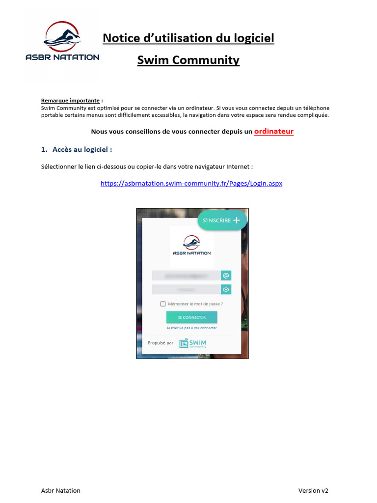 Guide d'utilisation Swim Community ASBR | PDF
