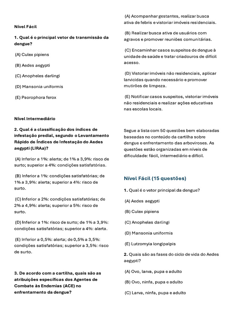 Questões Sobre A Cartilha Da Dengue | PDF