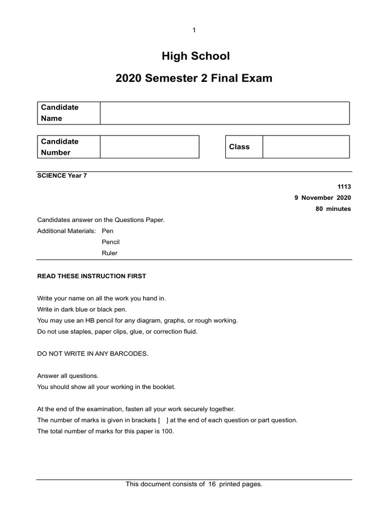 Year 7 Science Final Exam Paper | PDF | Liquids | Oxide