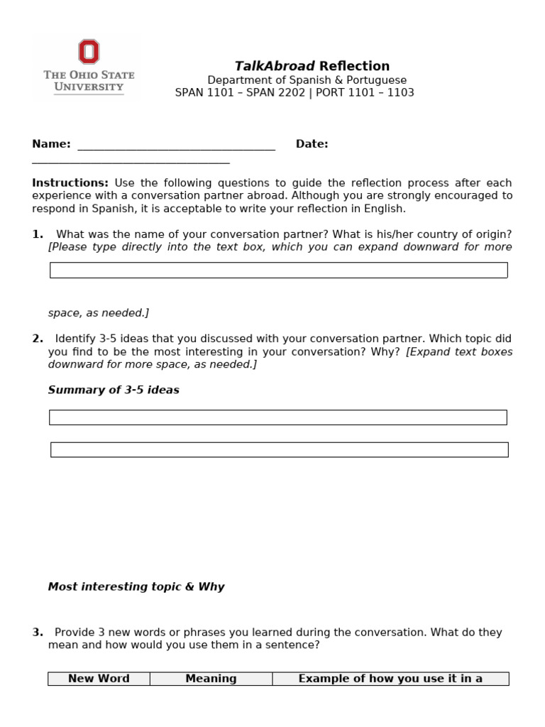 TalkAbroad Conversation Reflection Guide | PDF | Communication ...