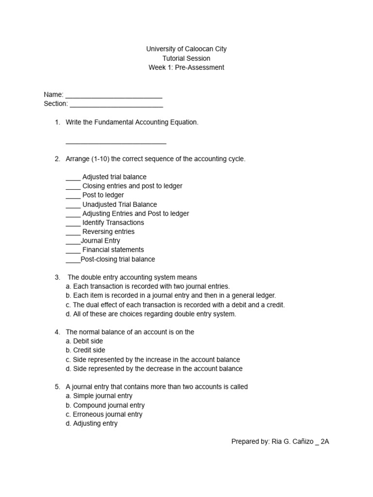Accounting Fundamentals Pre-Assessment | PDF